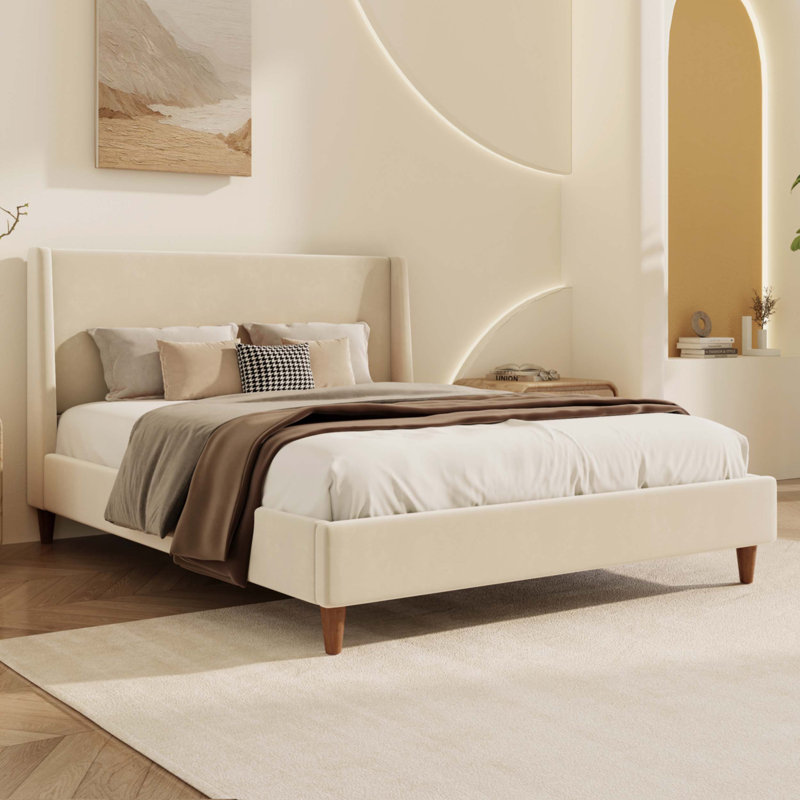 Modern Beige Velvet Upholstered Platform Bed With Wingback Headboard And Walnut Wooden Legs, Beige Velvet