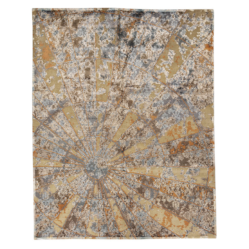Tapis jaune / gris en viscose noué à la main de conception unique 7 pi 11 po x 10 pi