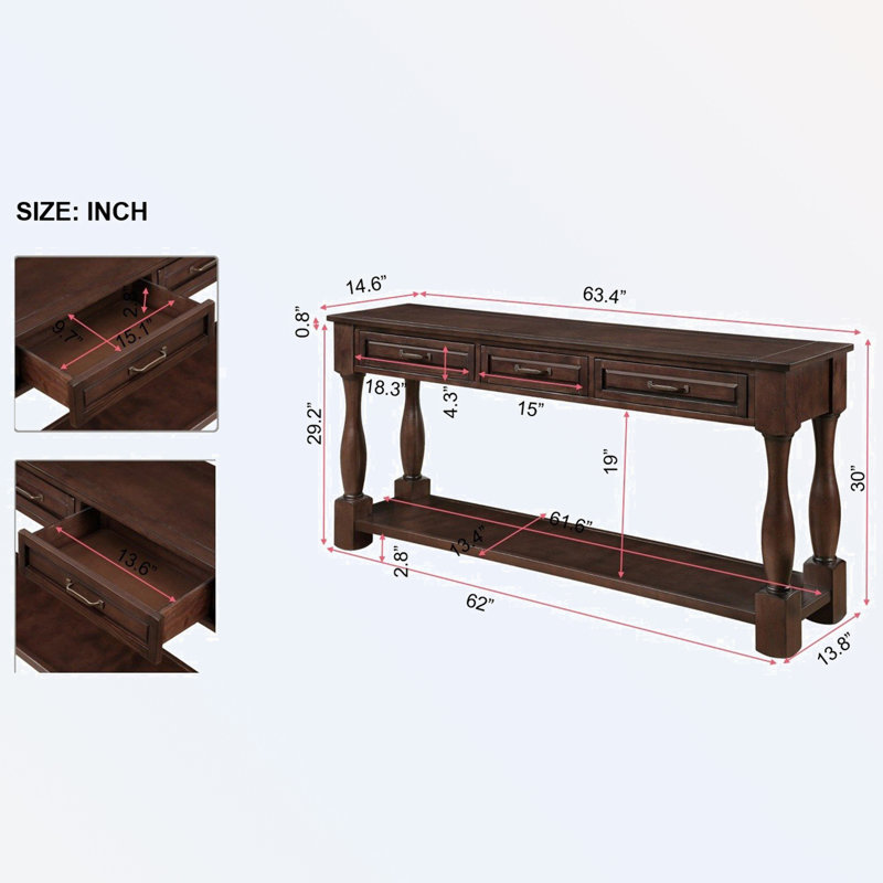 Bastedo 63.4''L*14.5”W Wood Console Table,Storage Side Table,Extra-thick Sofa Table with 3 Drawers and 1 Bottom Shelf