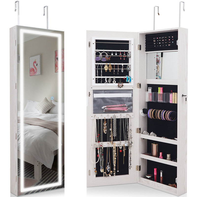 Armoire à bijoux avec porte et écran tactile à DEL tactile Cassell, Blanc