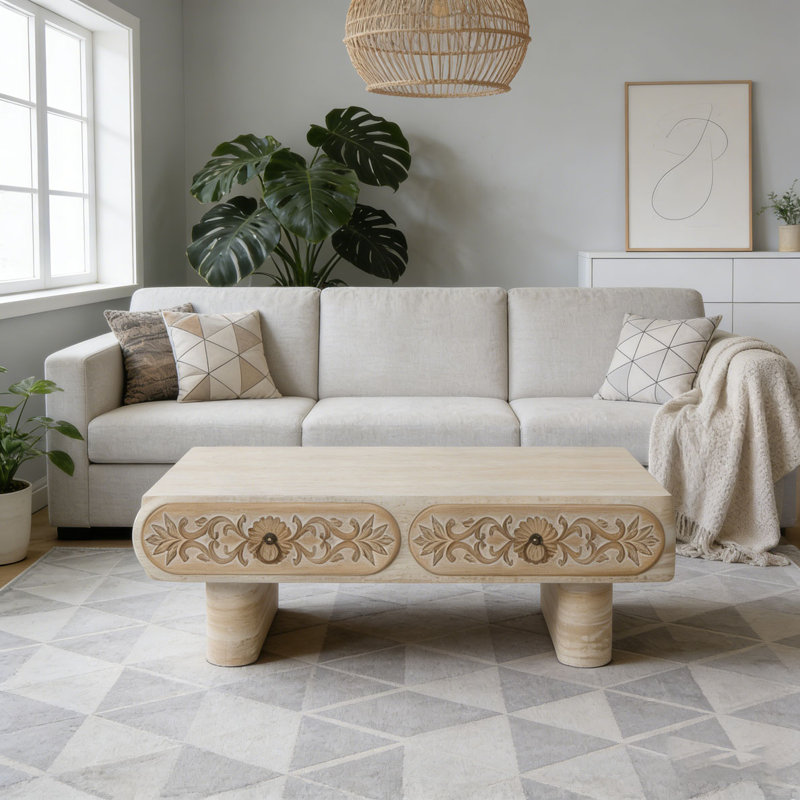 Table basse à bord arrondi avec tiroir en bois massif à motif floral