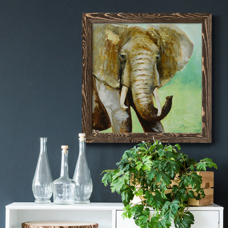 Painterly Elephant - Peinture sur toile encadrée, Encadré de bois de noyer, H 17 po x l 17 po x P 1 po