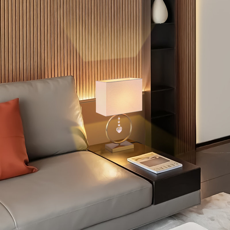 17.3" H Modern Gold Metal Ring Table Lamp with White Rectangular Fabric Shade and Crystal Heart Pendant