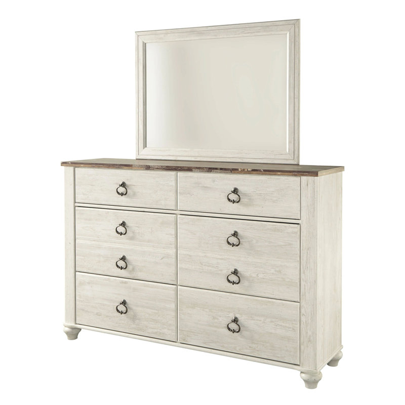 Ensemble de commode et miroir Isla, 6 tiroirs, plateau en faux planches brun, blanc délavé
