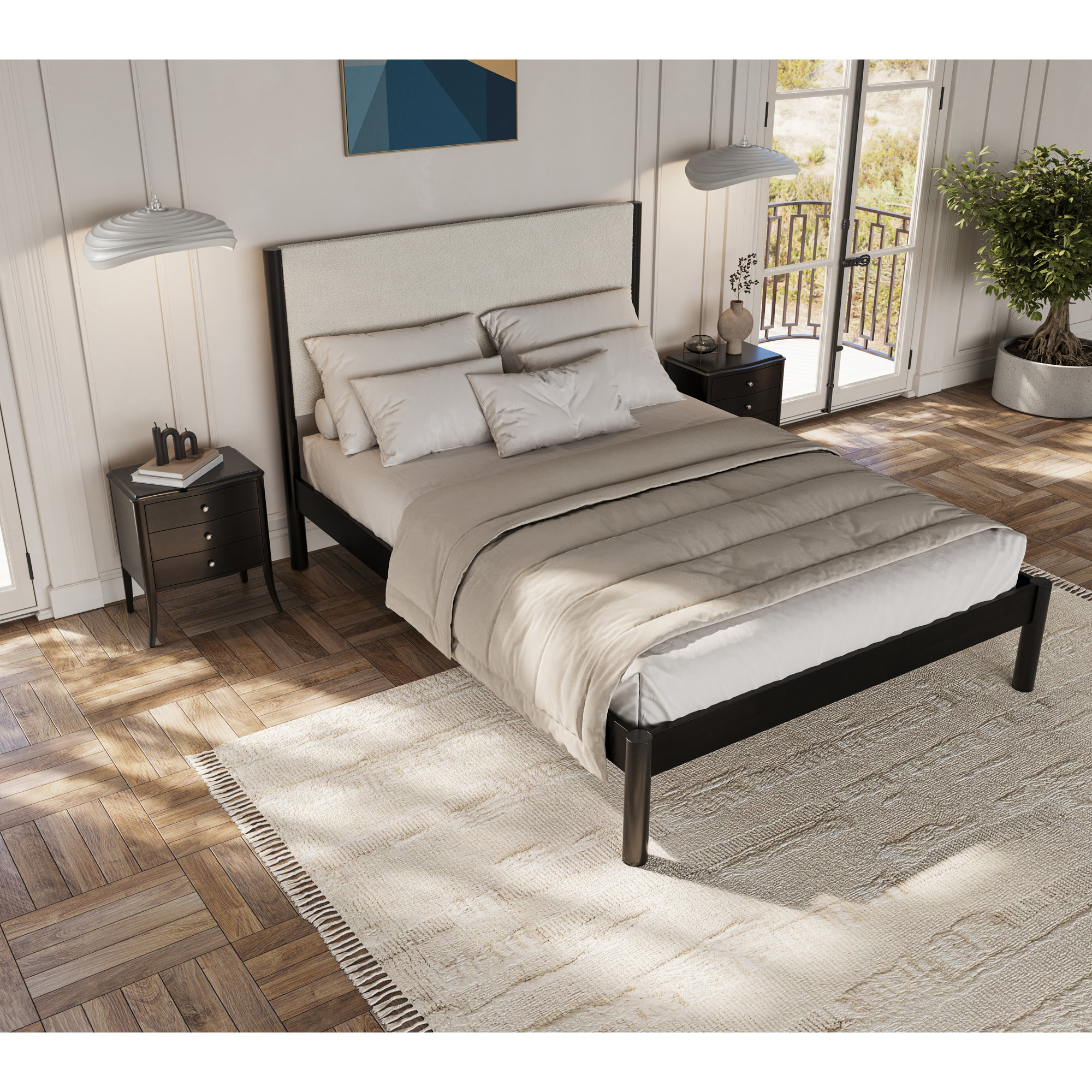 Ardin Solid Wood Bed Frame With Cream Boucle Upholstered Headboard, King, Black