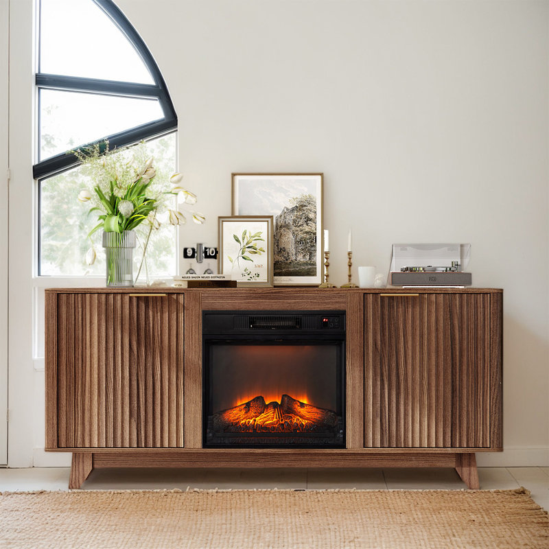 Farmhouse 58'' TV Stand For Tvs Up To 70'' With Electric Fireplace And 2-Door, Walnut