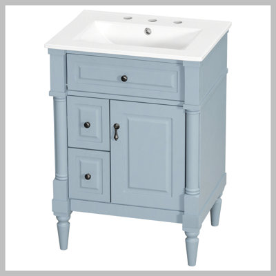 24 Inch Bathroom Vanity with Sink, Grey Blue Freestanding Bathroom Cabinet with Flip Drawer, Adjustable Shelf, Solid Rubberwood Frame, MDF Panels & Metal Handles