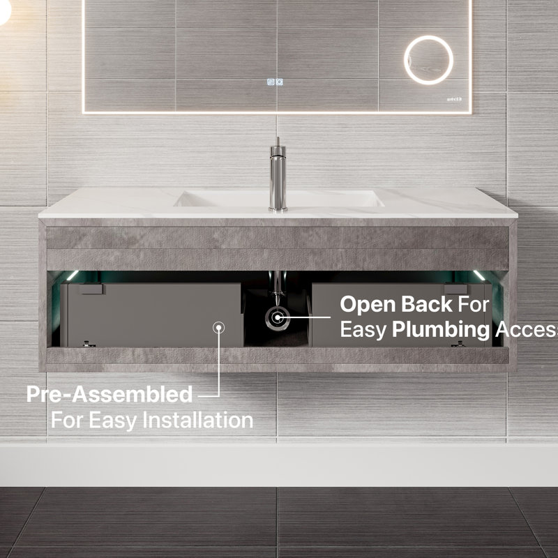 Aurora Meuble-lavabo mural simple en béton gris avec comptoir en quartz de Carrare et lavabo en porcelaine encastré