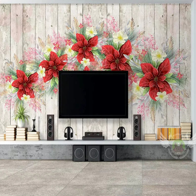 Papier peint guirlande florale rouge sur fond de bois rustique - motif mural botanique rétro, L 108 po x l 96 po