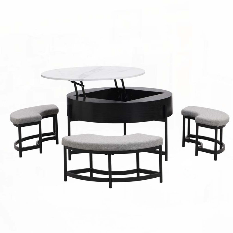 Modern Round Lift-Top Coffee Table with Storage & 3 Ottoman, Black