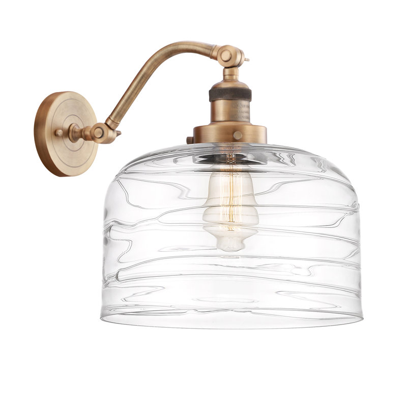Applique murale 1 lumière 12 po Bell, Ampoule incandescente rétro 60 watts, Laiton brossé, Tourbillon déco transparent