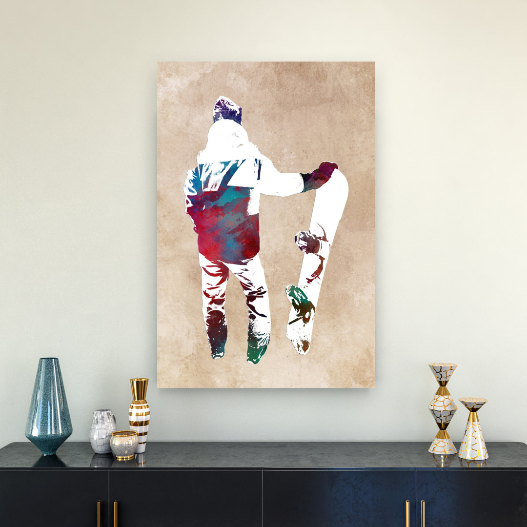 Vibrant Watercolor Snowboarder Abstract Contemporary Winter Landscape Wall Art Print