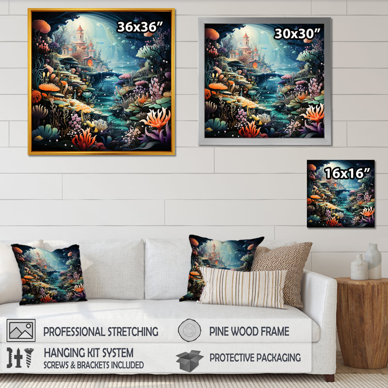 «Coral Mistic Underwater Kingdom III - Fantasy», art mural, Cadre simple noir, H 16 po x l 16 po x P 1 po