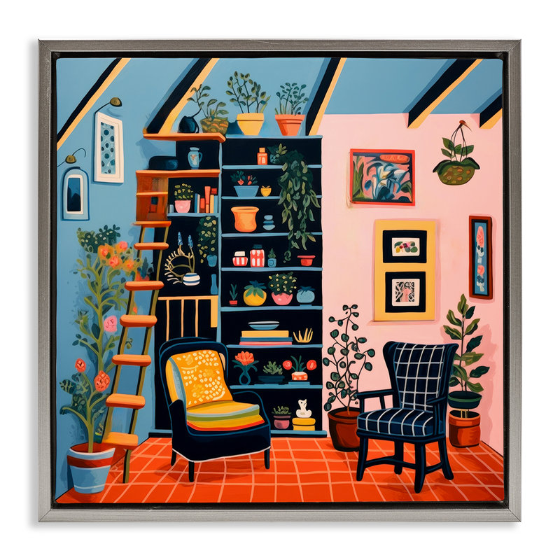 Art mural sur toile flottante encadrée, "Scène de bibliothèque et plantes" par Lazar Studio, Cadre flottant gris lustré
