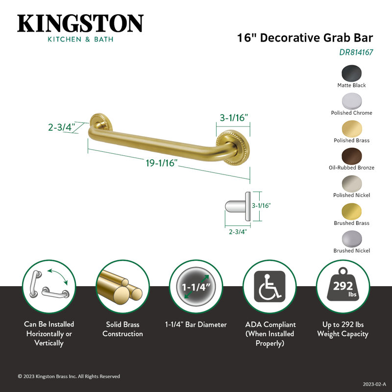 Kingston Brass Laurel 1-1/4 Inch O.D Grab Bar, 16" W, Satin Brass