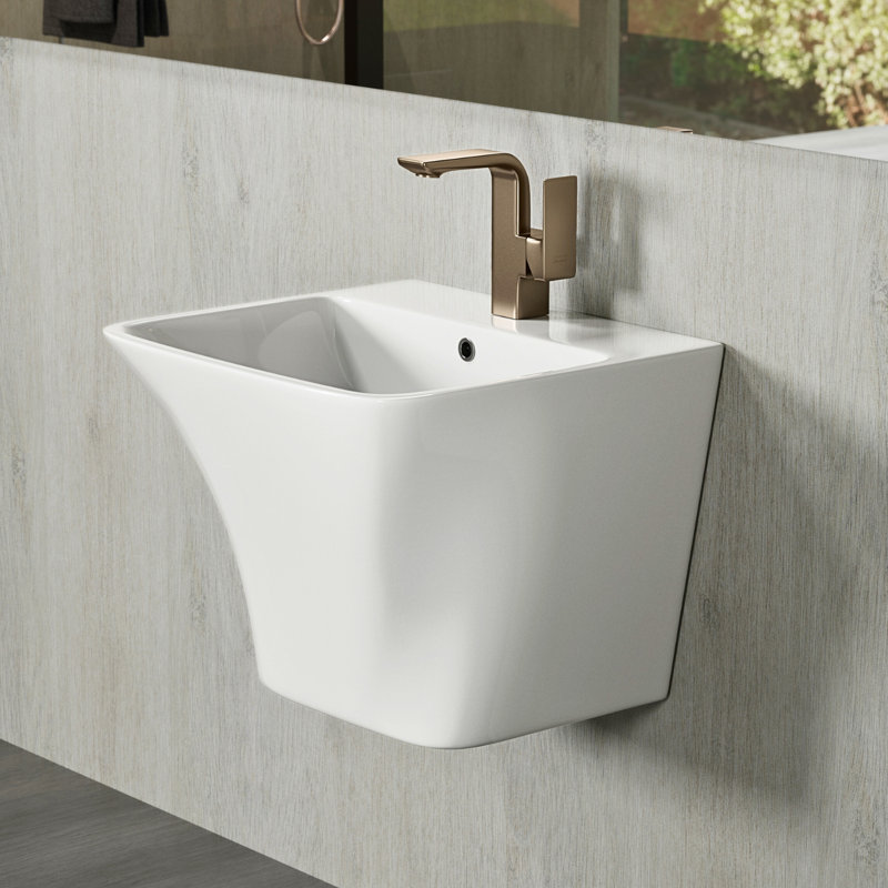 Glossy White Ceramic Wall-Mount Rectangular Vessel Sink with Stainless Steel Drain