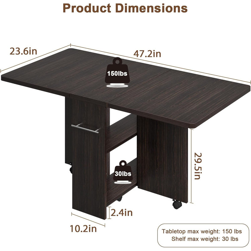 Folding Dining Table, Drop Leaf Dining Table With 6 Wheels And 2-Layer Storage Shelf, Tan
