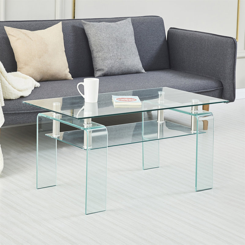 Table basse moderne à 2 niveaux en verre trempé avec tablette de rangement | Table centrale peu encombrante pour le salon et les petits espaces