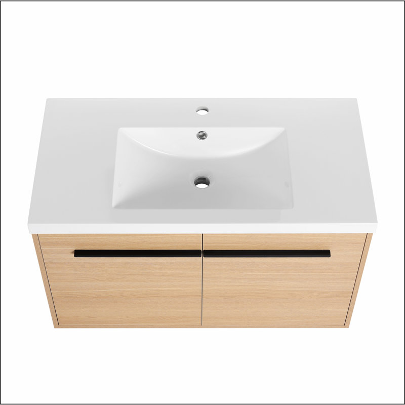 36 Inch Bathroom Vanity with resin Countertop Sink, 2 Doors Bathroom Cabinet Set, Oak