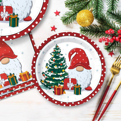 200 Pcs Christmas Paper Plates and Napkins, Christmas Tree Gnome Plates and Napkins Disposable, Christmas Dinner Plates and Napkins Serve 50 Guest, Ch