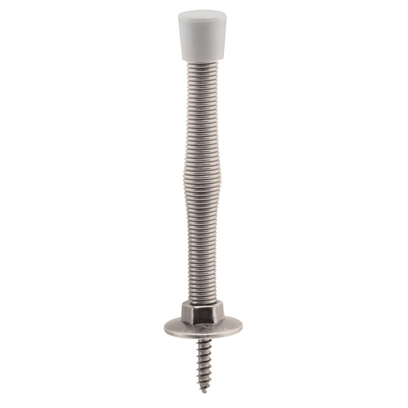 Prime-Line Door Stop, Spring Steel, Satin Nickel, Rubber Tip, Baseboard Mount (Single Pack), 6.25" H x 4" W x 1" D