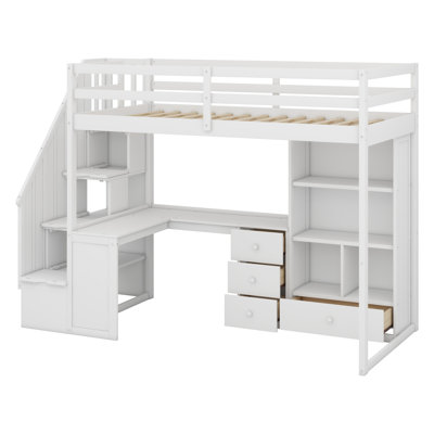 Loft Bed With L-Shaped Desk,Drawers,Cabinet And Storage Staircase