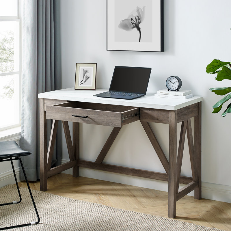 Cardiss 46" A-Frame Writing Desk, Faux White Marble/Gray Wash