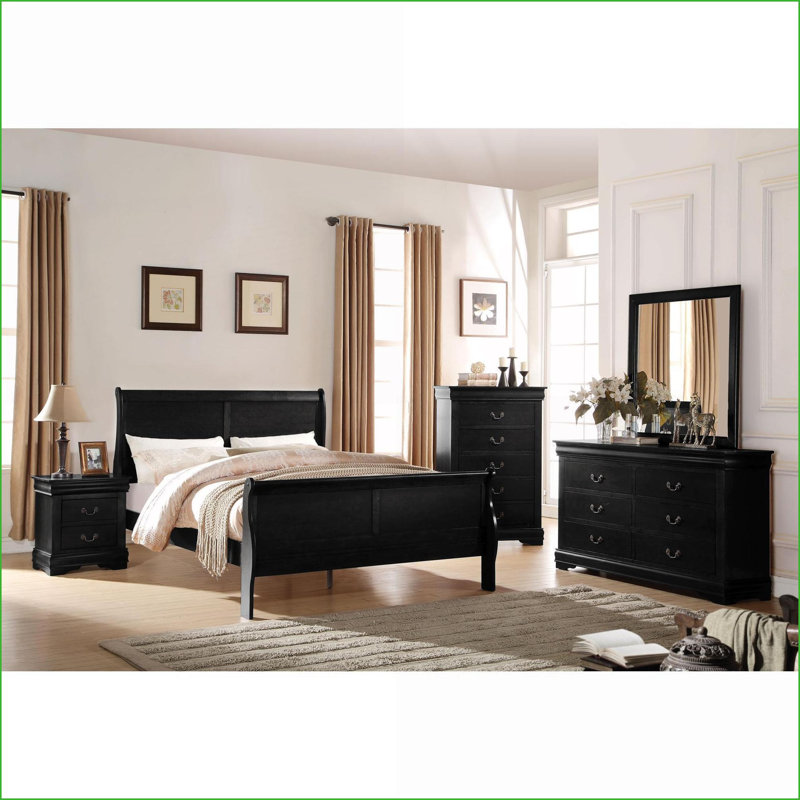 Ensemble de chambre à coucher, lit-bateau 2 pièces Eastern King Louis Philippe & amp; Table de chevet, finition noire | Noir | Lits-bateau