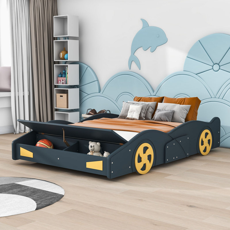 Lit plateforme double avec rangement Akkie, Twin, Dark Blue/Yellow