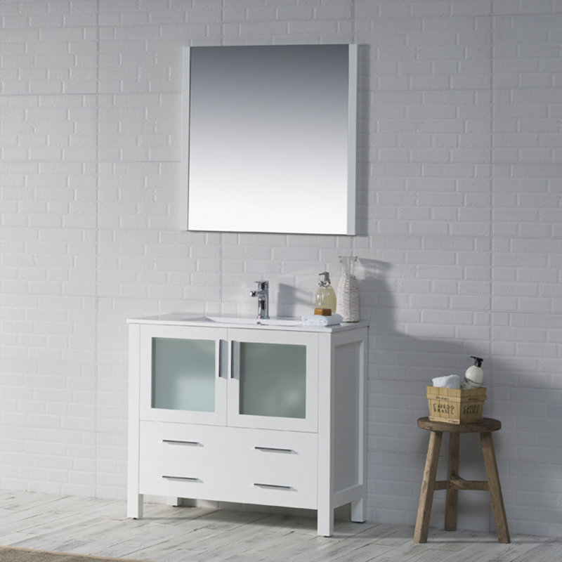 Blossom 36-Inch Solid Wood Bathroom Vanity with Ceramic Sink | Freestanding Single Sink Vanity Cabinet | Soft-Close Drawers & Tempered Glass Doors