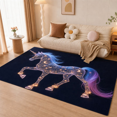 1 conception de nuit étoilée de licorne magique, motifs célestes brillants, accents de lune et d'étoiles, queue dégradée vibrante, sensation douce, tapis décoratif pour la chambre à coucher, la salle de jeux, le salon à l'intérieur pour la maison