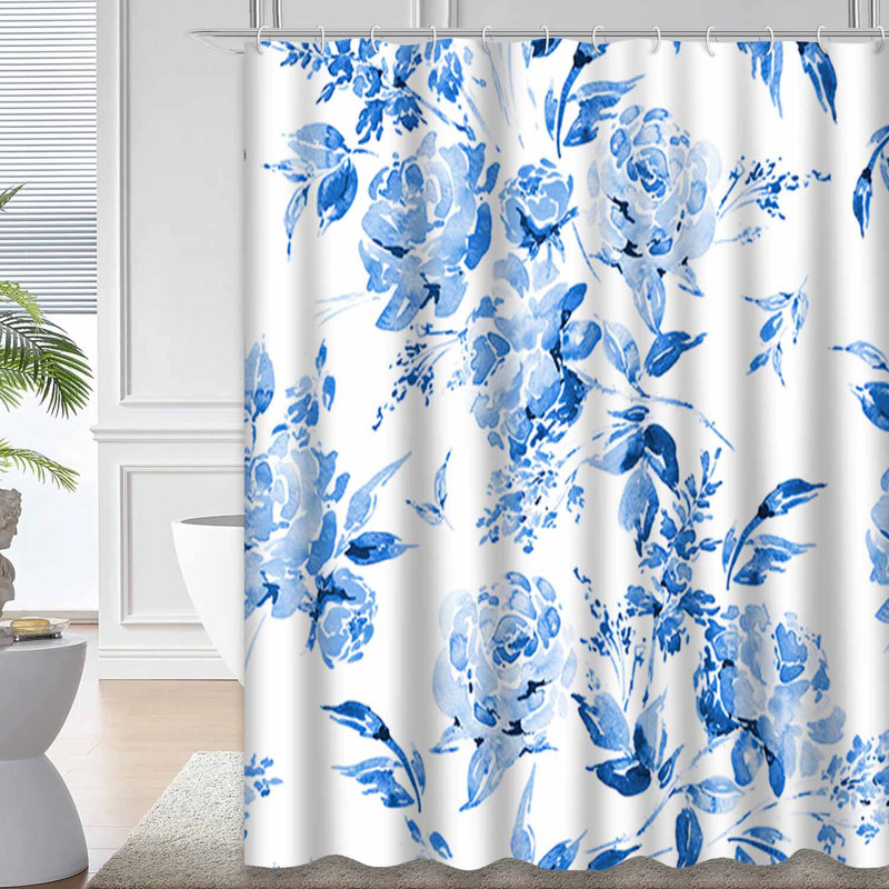 Rideau de douche aquarelle bleu à 12 crochets, L 72 po x l 78 po