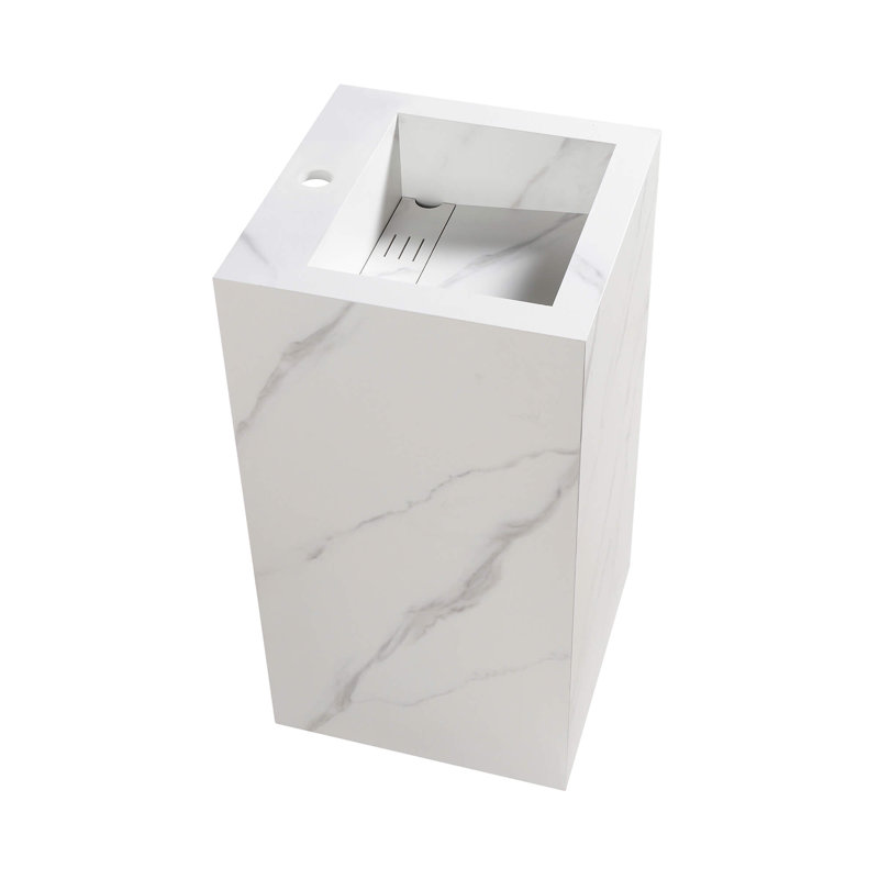 Fine Fixtures Stone Square Pedestal Bathroom Sink, White Carrara