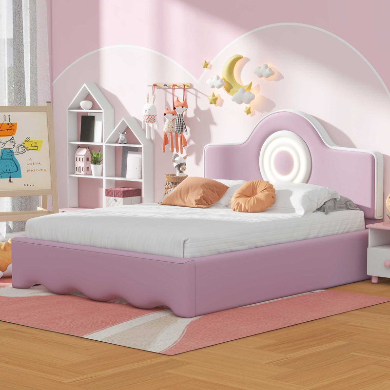 Lit plateforme tapissier double avec tête de lit à DEL, rose