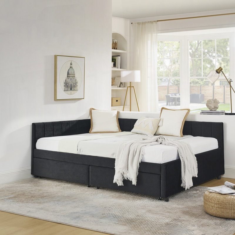Structure de lit double capitonnée avec tiroirs, Black
