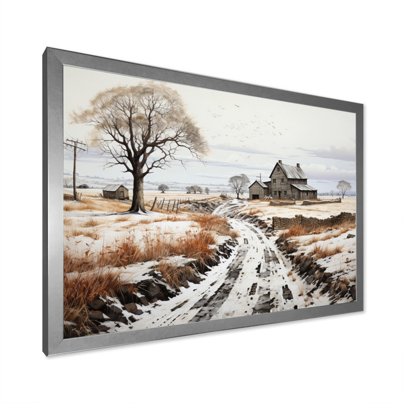 " Winter Farm Monochrome Harvest I ", H 34 po x l 44 po x P 1,5 po, Cadre simple argenté