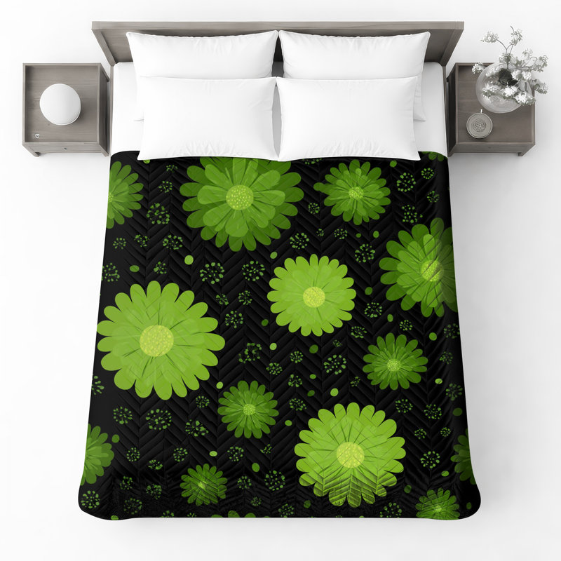 Couvre-lit matelassé à motif floral vert , Très grand lit