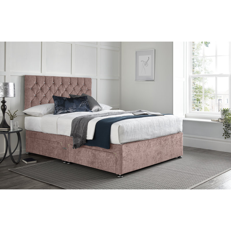 Divan Bed with 24" Headboard on Struts, Pink, 2 Foot-end Drawers, Small Double (4')