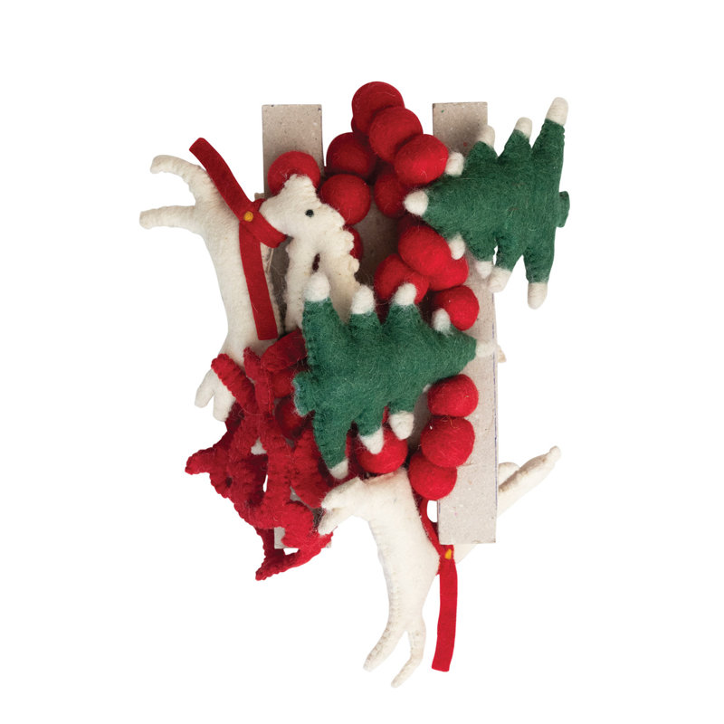 Wool Felt Ball Garland with Reindeer, Trees "Merry Xmas" in Red and White and Green
