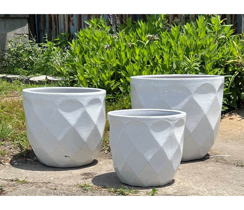 Pots de fleurs en grès cérame de taille moyenne, motif diamant, lot de 3 - Intérieur/Extérieur, Blanc