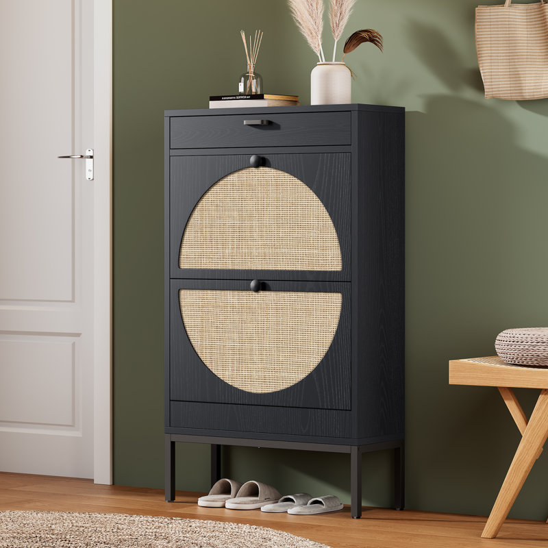 Boho Natural Rattan Shoe Storage Cabinet, Black