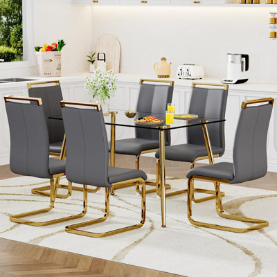 Ensemble de table à manger 51,2 po, ensemble de salle à manger moderne en verre avec pieds en métal doré et chaises ergonomiques
