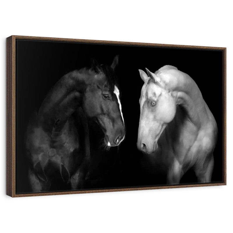 Chevaux monochromes, 43 po x 29 po, Cadre flottant noyer