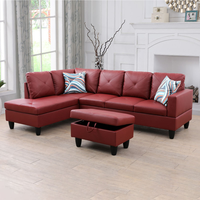 Beverlys 97" Wide Faux Leather Sofa & Chaise with Ottoman, Red Faux Leather, Left Hand Facing