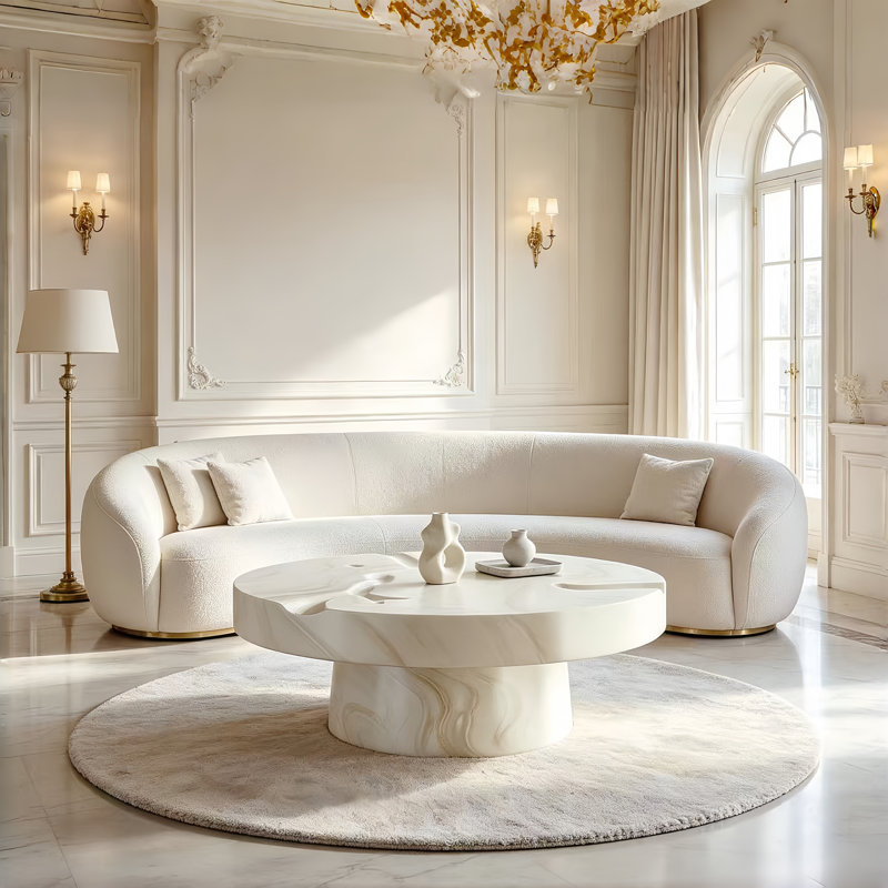 Table basse ronde en simili marbre blanc, Blanc / Blanc