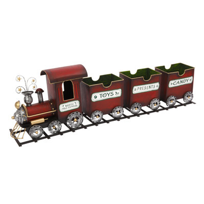 Red Metal Holiday Train on Tracks with 3 Empty Cars