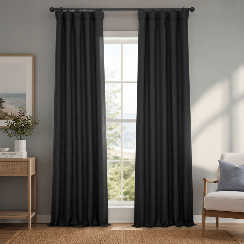 Ottis Faux Linen Room Darkening Curtain Panel, 100" W x 108" L, Essential Black