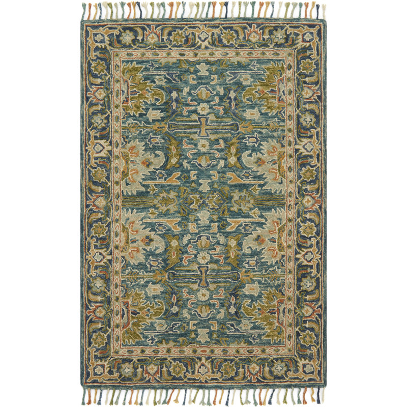 Leyna Hand-Hooked Wool Blue/Navy Area Rug , Rectangle 5' x 7'6"