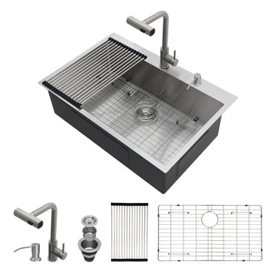 Évier de cuisine encastré à simple cuve en acier inoxydable de calibre 16 avec robinet escamotable et distributeur de savon L 30 po x l 22 po