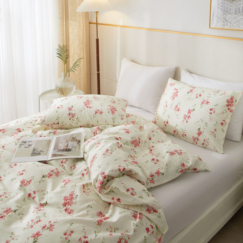 Cotton Floral Duvet Cover Set, Light Yellow Floral, Full Duvet Cover + 2 Standard Shams